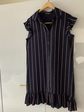 BB Dakota Navy Dress with Pink Stripes and Ruffle Hem